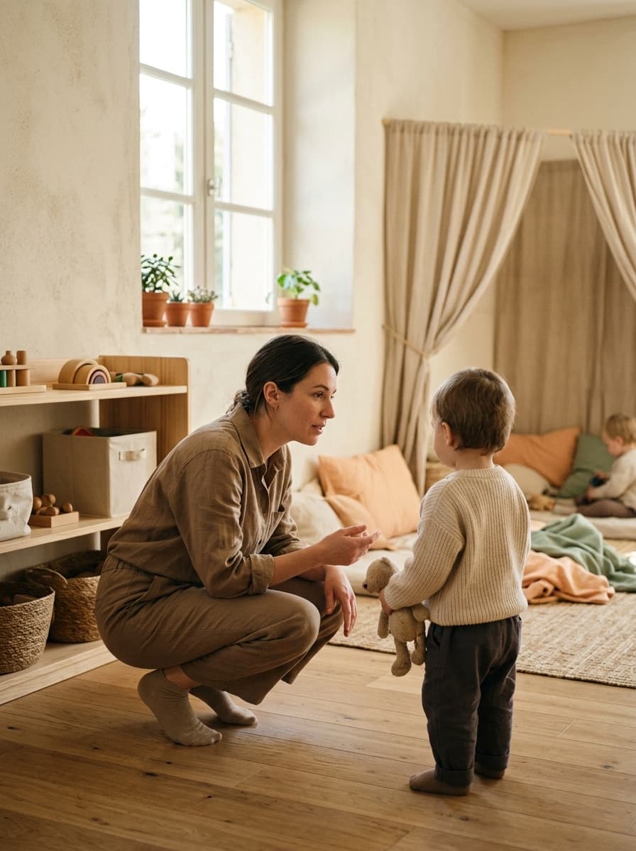Une professionnelle accroupie à hauteur d'enfant parle doucement à un tout-petit qui tient son doudou
