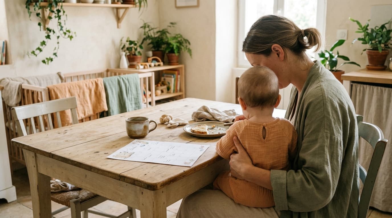 Un parent tient son bébé sur les genoux, à la table de la cuisine, devant un calendrier