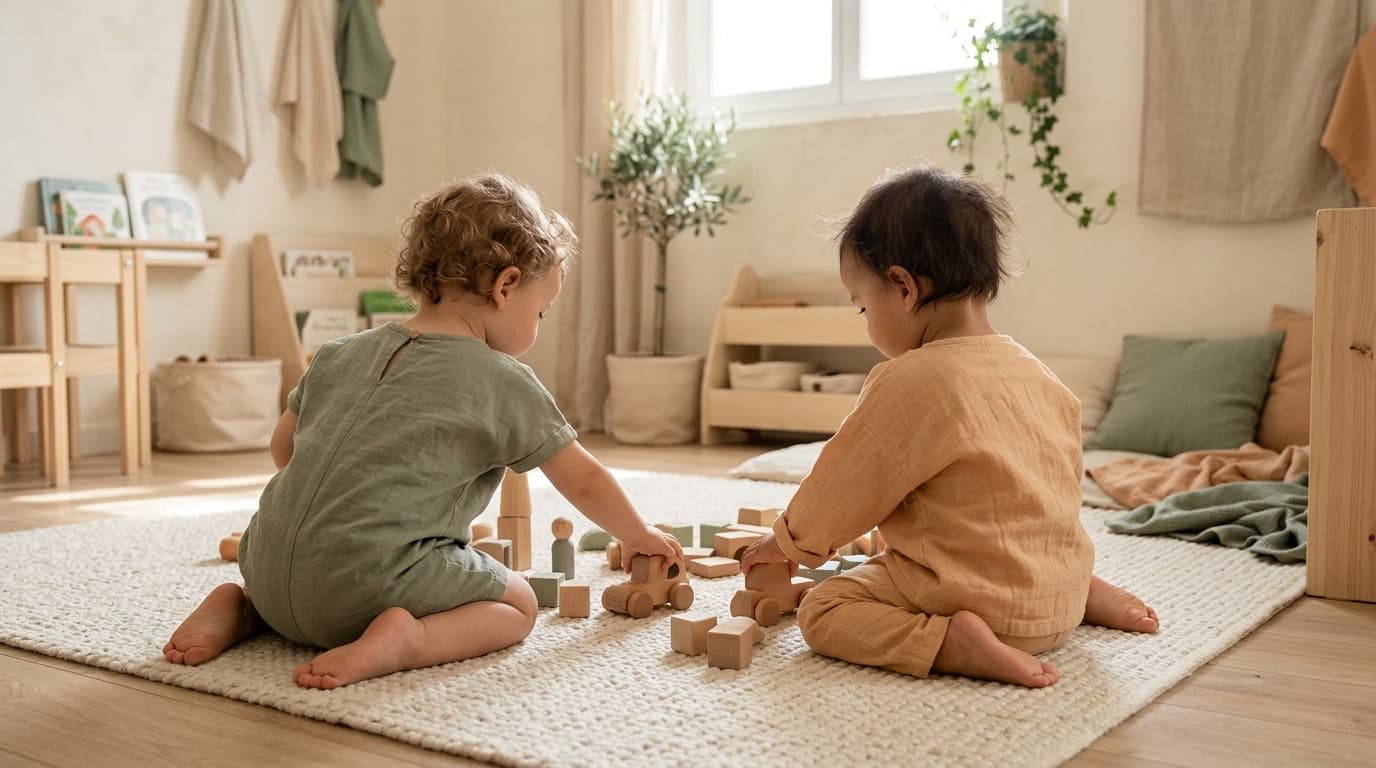 Deux tout-petits jouent ensemble avec des jouets en bois sur un tapis
