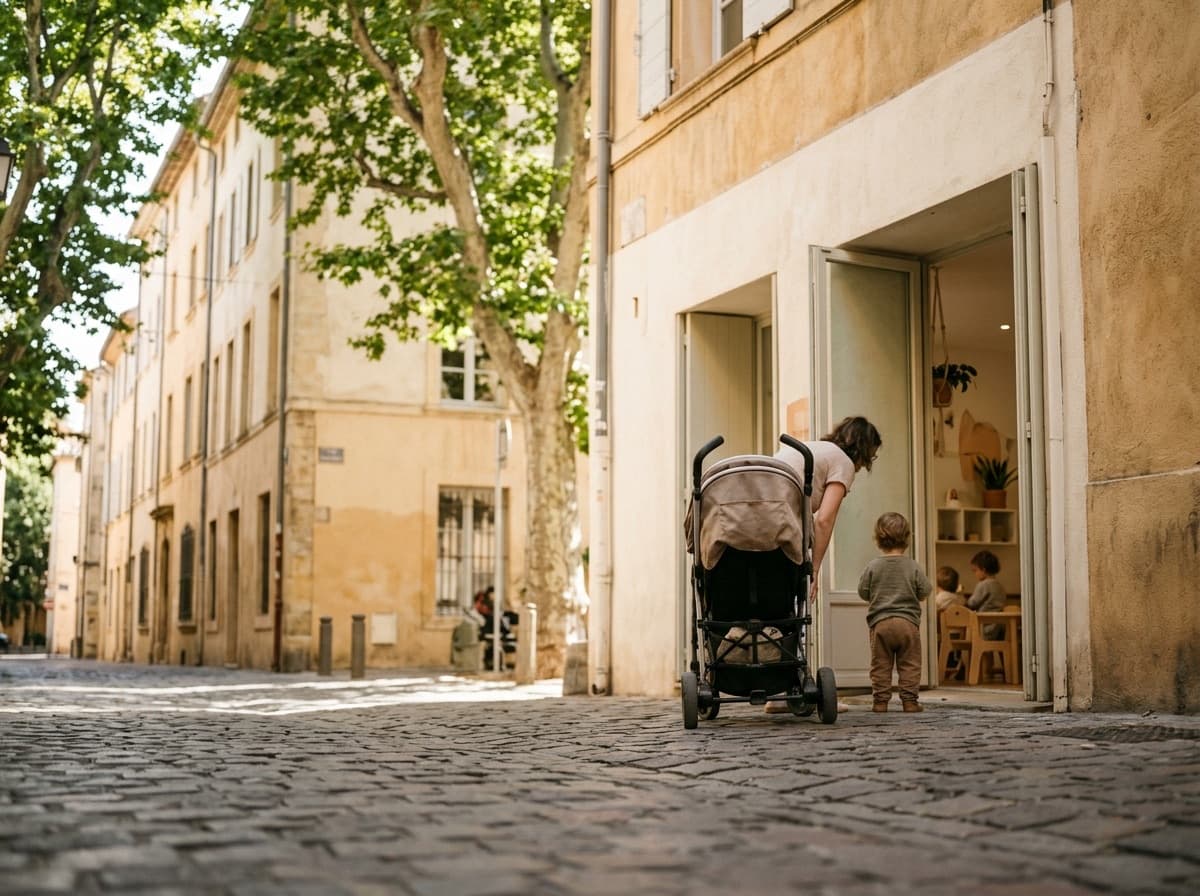 Une rue ensoleillée du Pays d'Aix, une poussette devant la porte d'une crèche