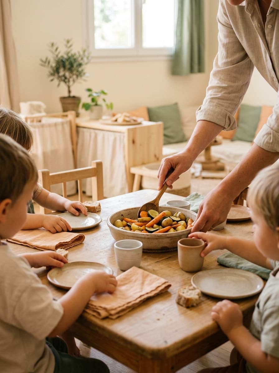 Des enfants à table devant un plat de légumes, une adulte les sert