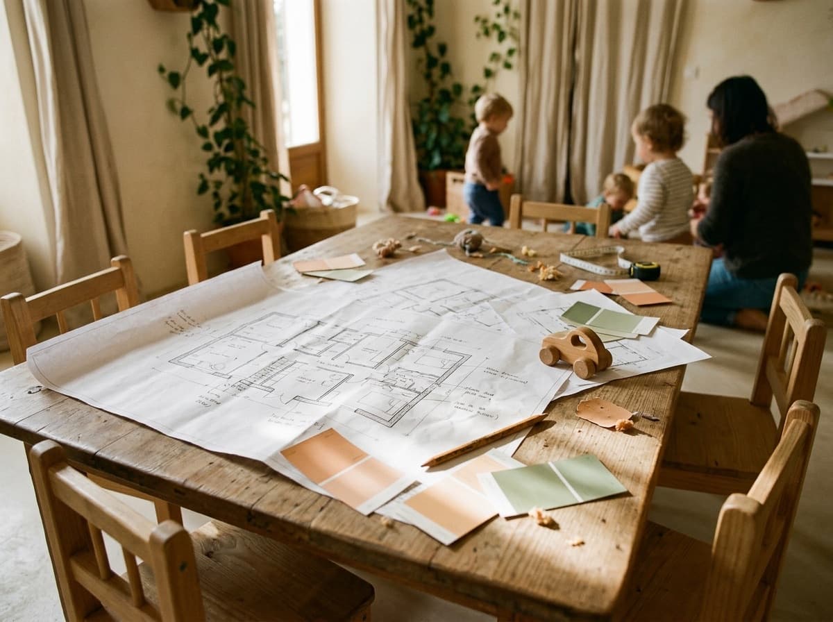 Les plans d'une micro-crèche étalés sur une table en bois, avec des nuanciers de couleurs